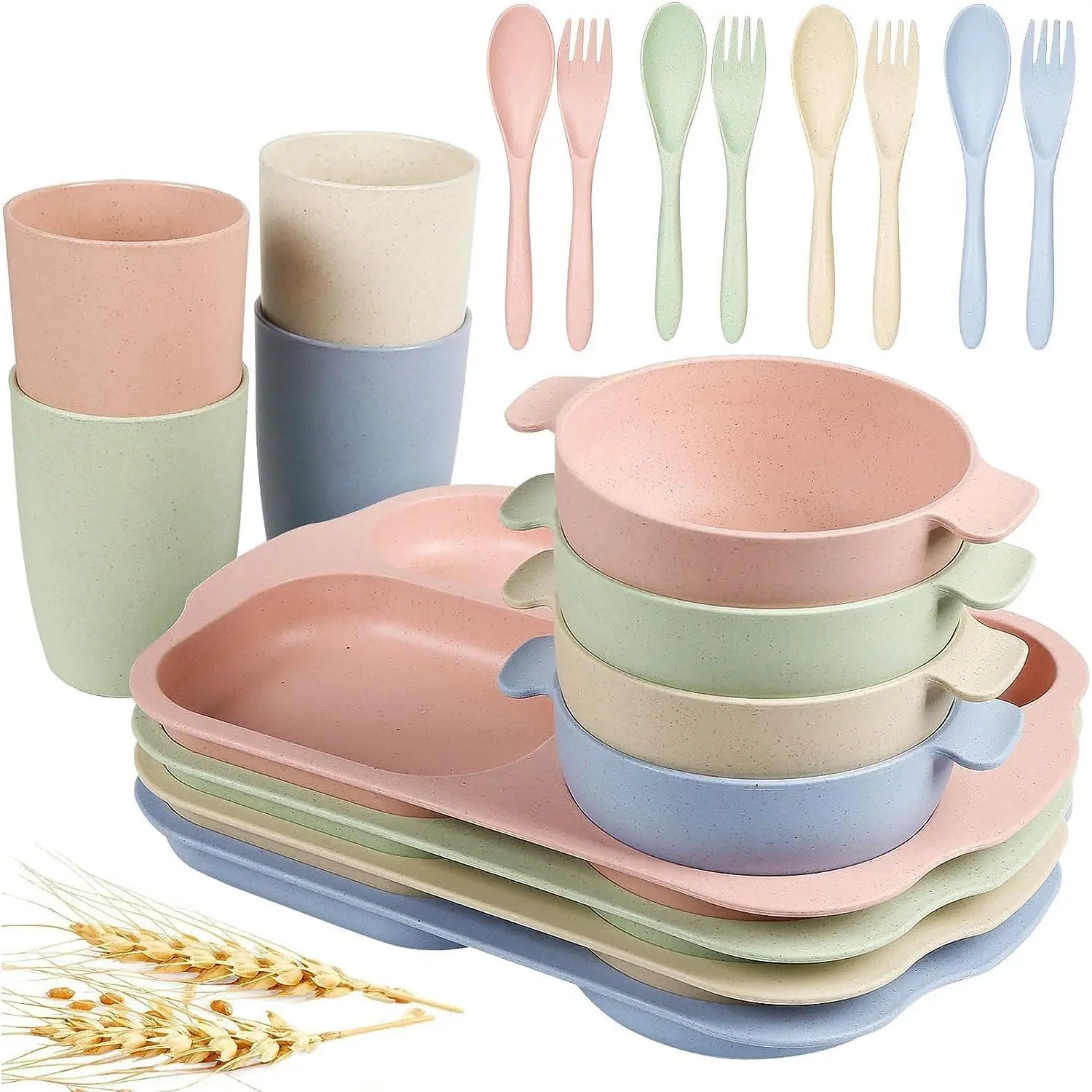 20-Piece Wheat Straw Tableware Set - Kids Toddlers Divided Plates, Bowls, Spoons, Knives, Cups, Unbreakable, Microwave Safe, Dishwasher Safe for Kitchen, Picnic