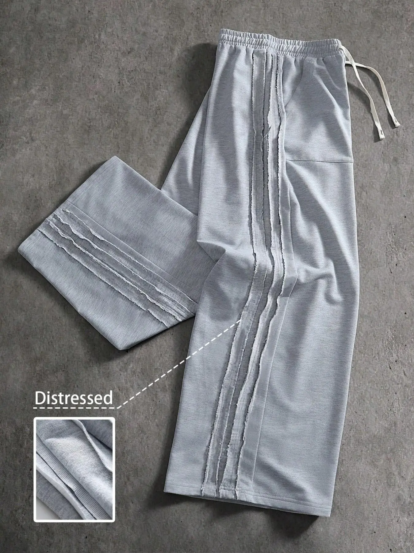 Men's Light Faux Fur Three-Strip Wide Leg Sweatpants, Vintage Destroyed Drawstring Loose Fit Straight Tube Casual Sports Long Pants