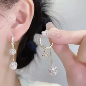 Fashionable, high-end, elegant, light-luxury, ultra-shiny double diamond ball clasp earrings, 2026 new design earrings E50250-EH