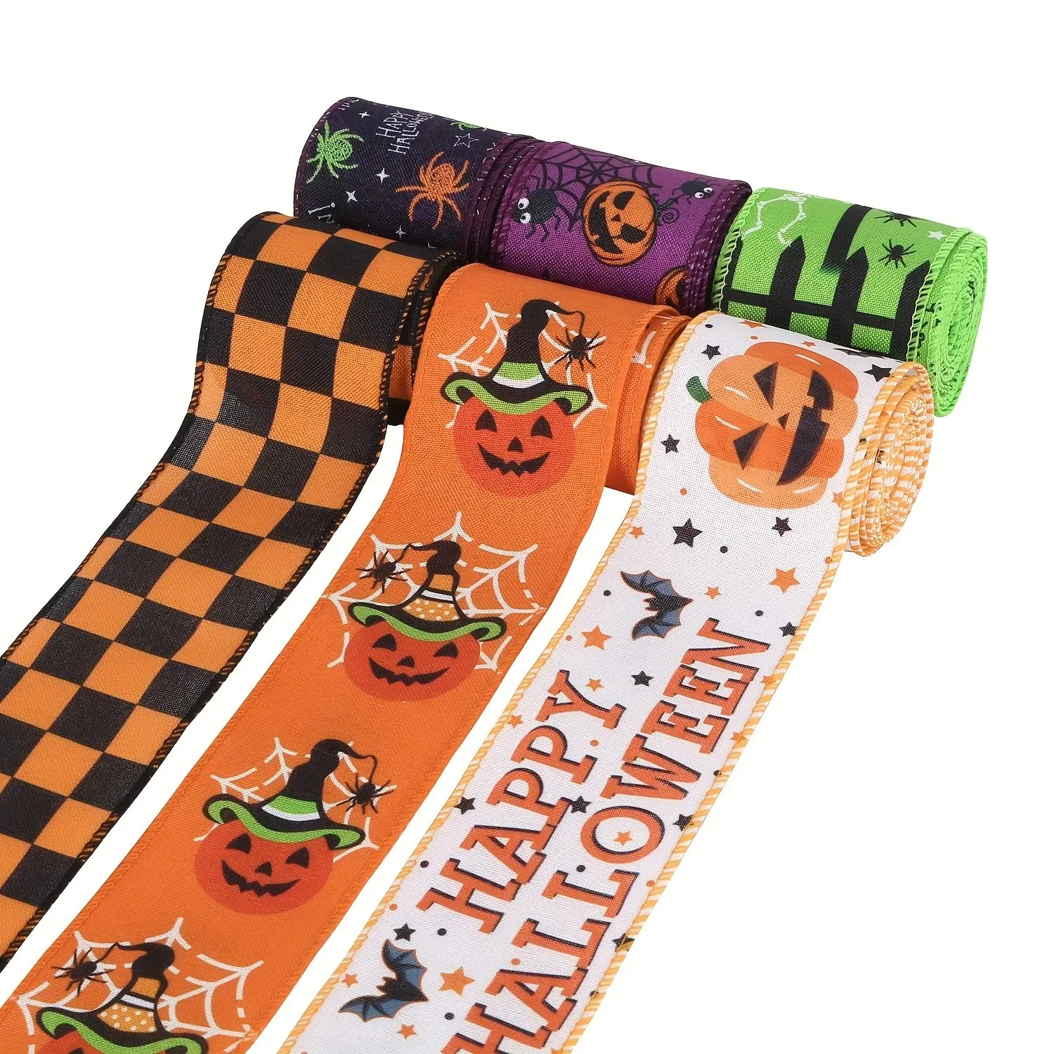 6 Rolls (36 Yards) Halloween Wired Edge Ribbons Bat Spider Web Printed Ribbon Halloween Witch Hat Skull Pumpkin Wired Edge Decoration for Wreaths DIY Crafts Gift Wrapping Supplies