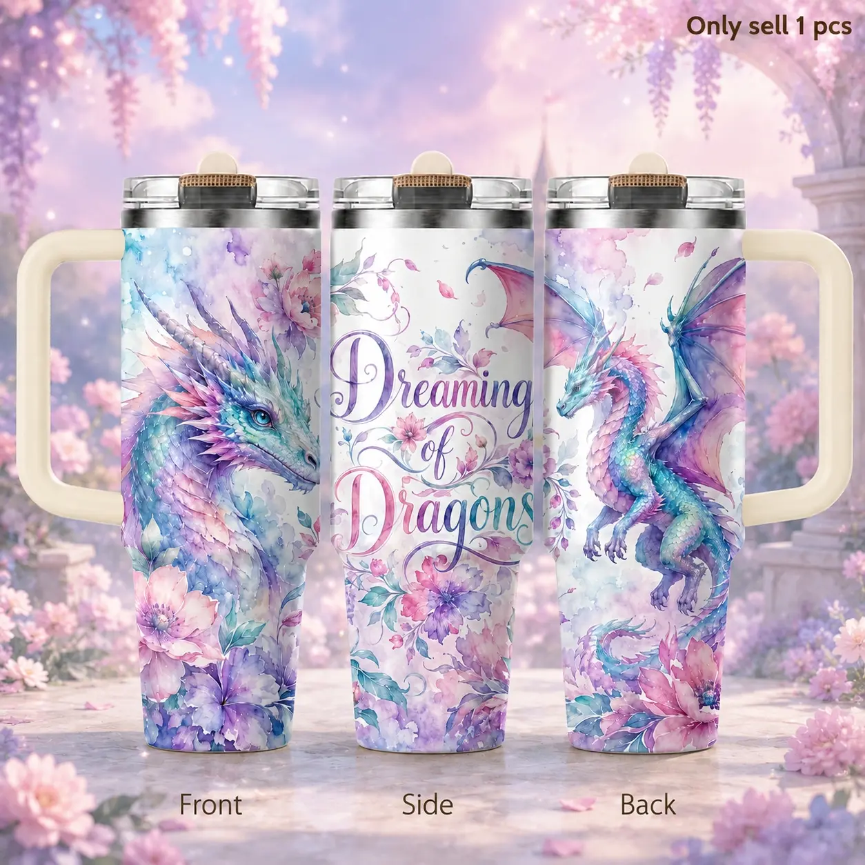 Watercolor Dragon Art 40oz Tumbler – Aesthetic Painted Dragon Stainless Steel Insulated Travel Cup with Handle & Straw Lid for Coffee, Water, Gym, Office, Car, Fantasy Lover Gift Drinkware