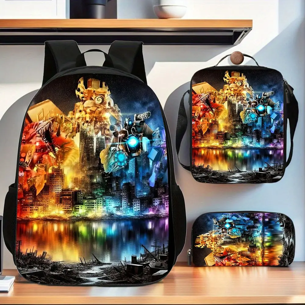 Kids 3-Piece Backpack Set, Cool Cyberpunk Mecha Print 600D Oxford Bag for Daily School with Insulated Lunch Box, Fits 15-inch Laptop with Dual Side Mesh Pockets, 15-Inch Laptop Space, Extra Outer Pocket, Campus Life, Synthetic, Back To School, Zipper, Bre