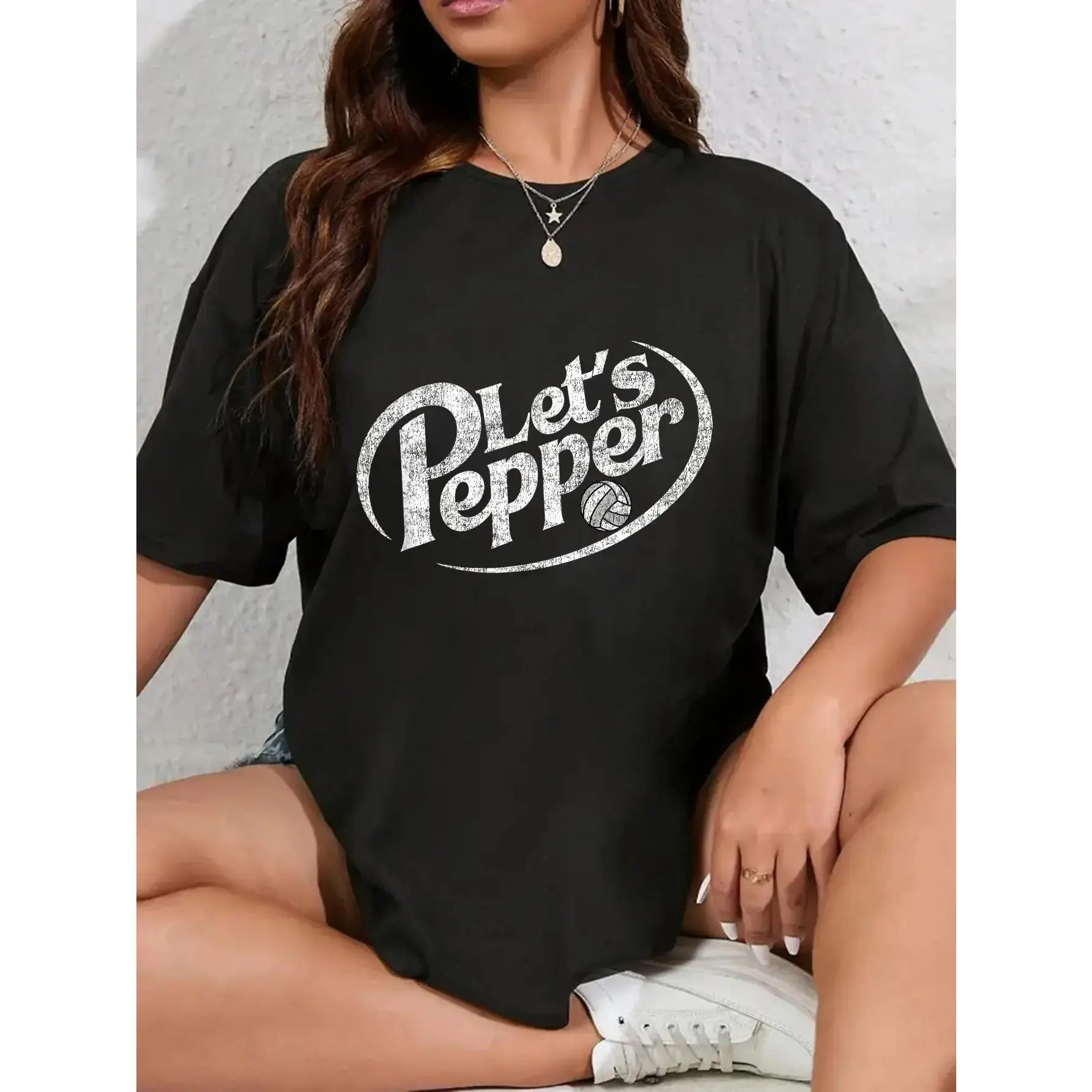 Women's Casual Streetwear Round Neck Short Sleeve Top - Unisex Volleyball Let's Pepper Practice Distressed Playful Print Tshirt, T Shirts Women, Graphic Tee, Tops, Wide Range Of Sizes, Vintage, T-Shirt Top
