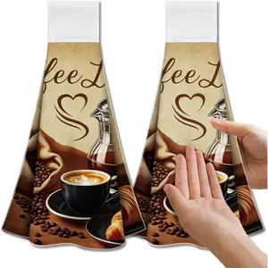 Coffee   Kitchen Towels with Loop, Set of 2 - Soft & Super Absorbent Microfiber Decorative  Dish & Hand Towel, , Coffee Towel for Kitchen Bathroom Oven Handle