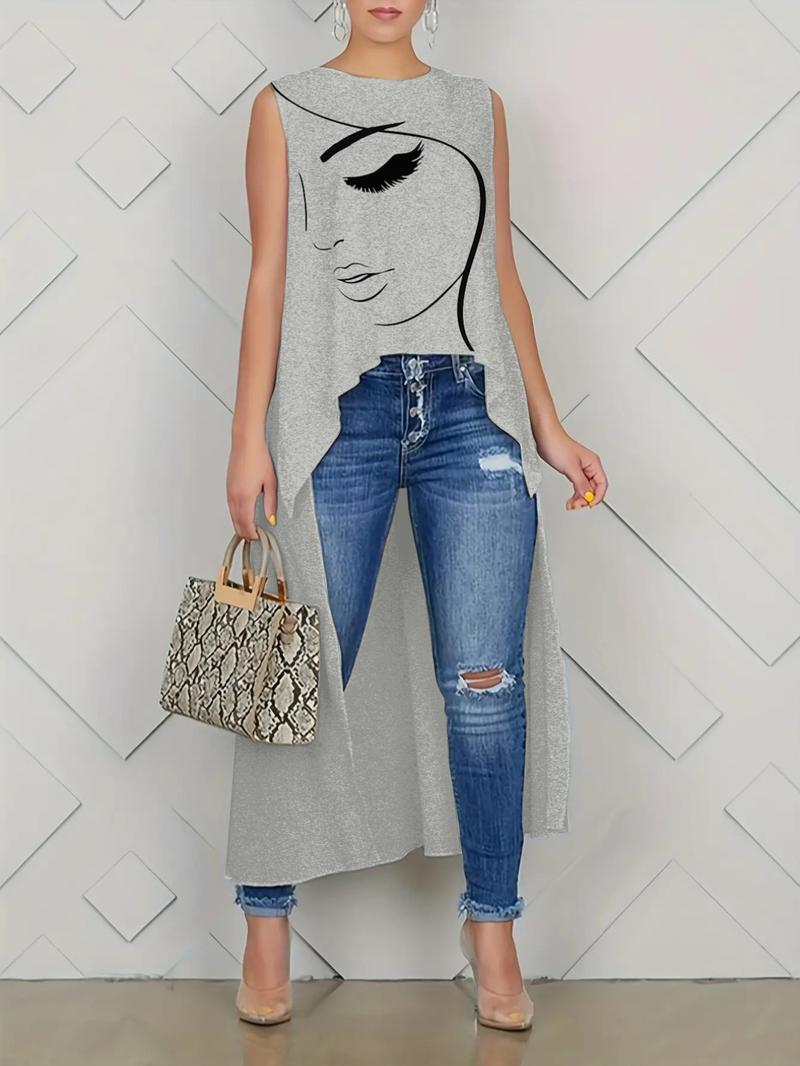 【Plus Size】 Figure Graphic High Low Tank Top, Casual Sleeveless Round Neck Top, Summer Outfits 2024, Tops for Women, Women's Plus Clothing for Daily Wear