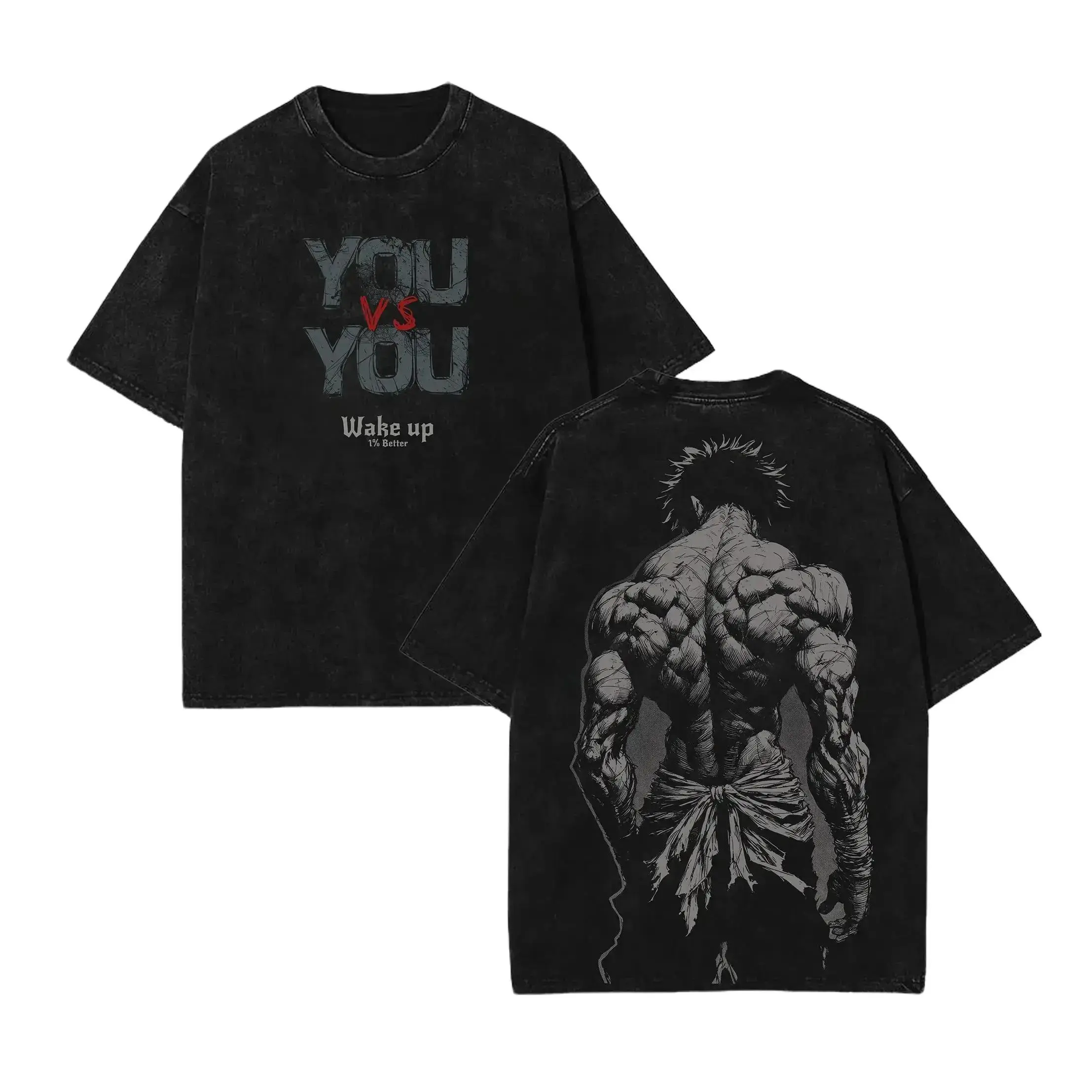 Baki Hanma Anime Oversized Short-Sleeve T-Shirt - Unisex Vintage Washed Heavyweight Cotton Round-Neck Streetwear Graphic Sports Top, Shortsleeve, Casual