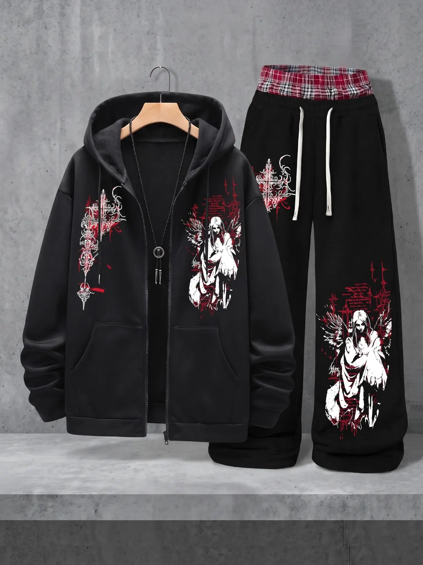 Unisex Zip Up Hoodie Wide Leg Pants Tracksuit, Gothic Angel Dark Pattern Print 2 Piece Outfit Set, Y2K Emo Streetwear, unisex clothing, menswear clothing, accessories for men, ropa caballero hombre, boyfriend gifts, mens fashion, mens holiday outfits, Dai