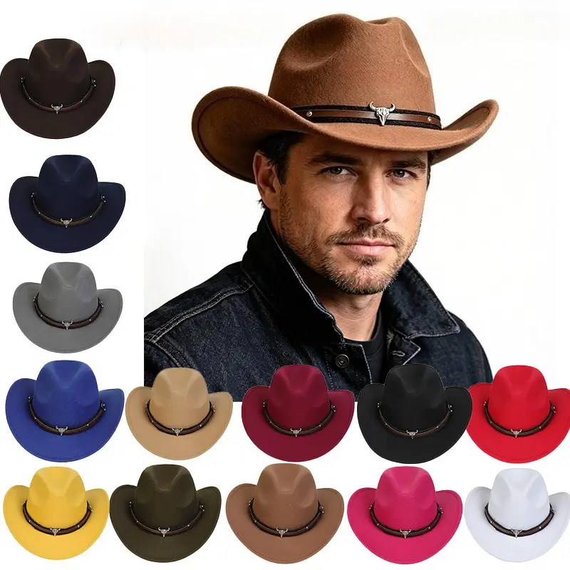 Unisex Western-Style Felt Cowboy Hat - Classic Jazz Fedora, Adult Sun-Shading Headwear for Outdoor Activities, Casual Daily Use
