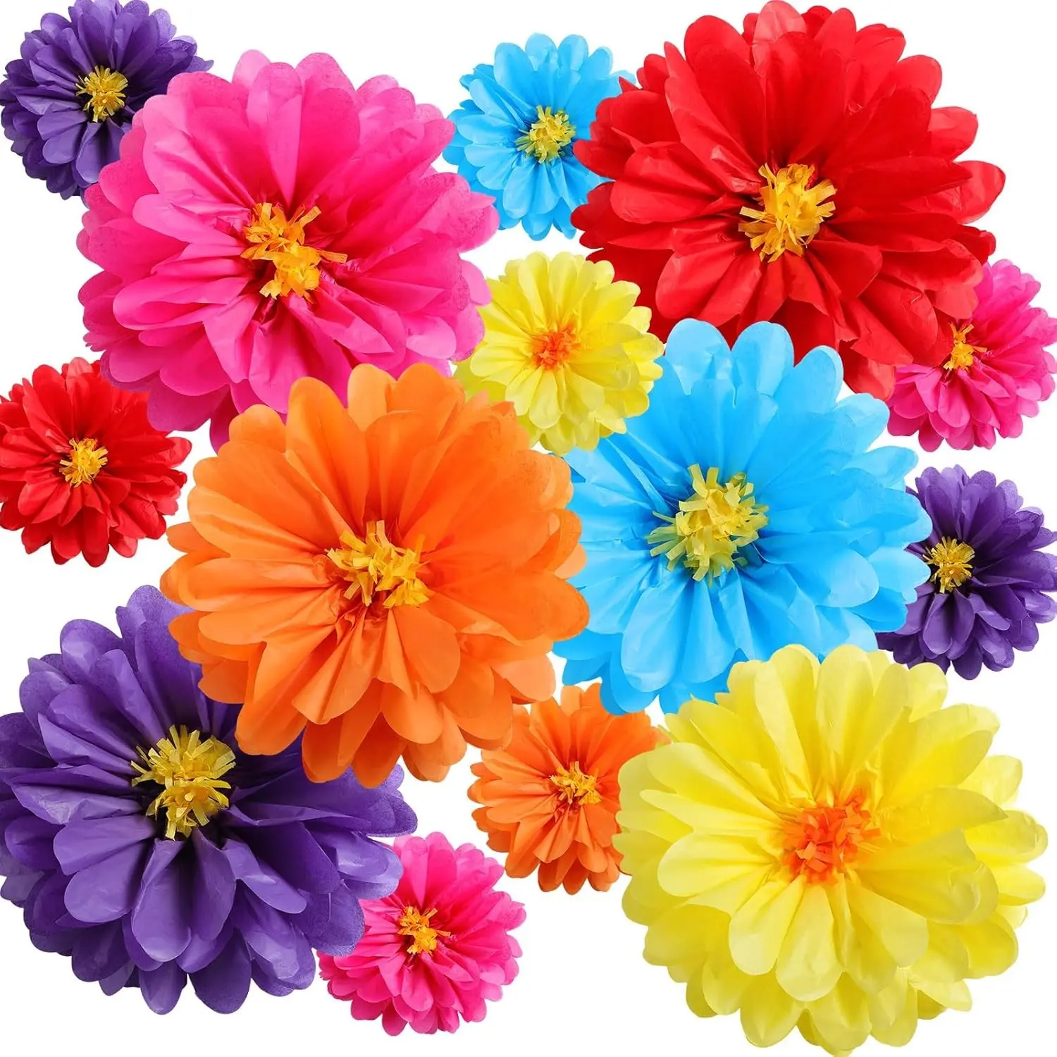 12 Pcs 10" 20" Large Tissue Paper Flowers, Classic Colorful Mexican Paper Flowers Decorations for Wall, Giant Crepe Big Tissue Pompoms Craft Backdrop Decor for Wedding Birthday