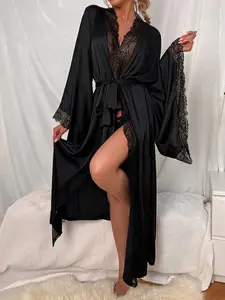 Elegant Satin Sleep Robe with Lace Trim, Luxurious Long Sleeve Nightgown, Comfortable Bathrobe for Women, Perfect Home Wear