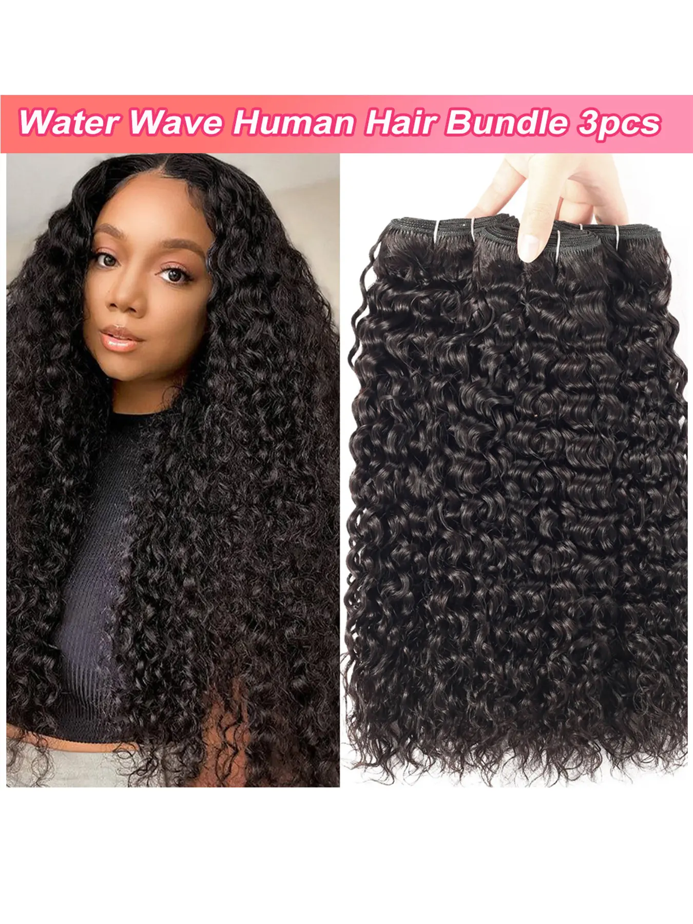 50g Per Piece, 3 Pieces Set, Water Wave Remy Human Hair Bundles, Natural, High-Quality Realistic Look