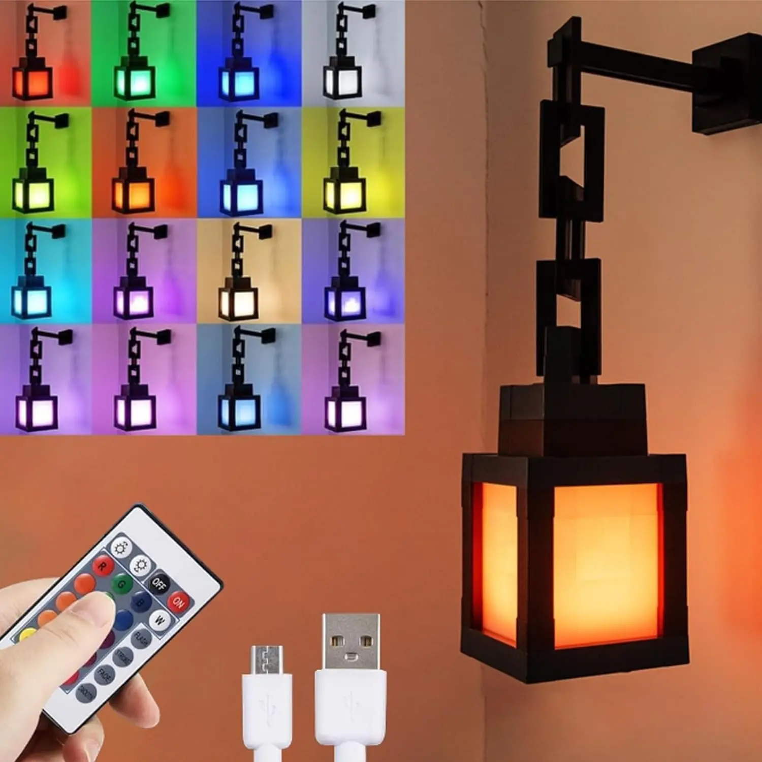 Rechargeable Pixelated LED Lantern Night Light - 16-Color Changing, Soft, Hanging/Tabletop Lamp for Gamer Kids' Bedroom, Home Decor