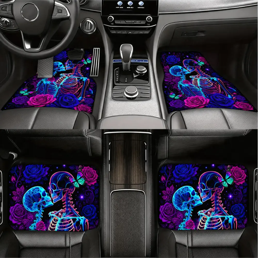 Neon Gothic Style, Car Floor Mats, Glowing Skeleton And Rose Pattern, Non-Slip Rubber Backing With Waterproof Fabric, Universal Fit For Sedan Suv Truck Drivers, 4 Piece Full Set Front And Rear