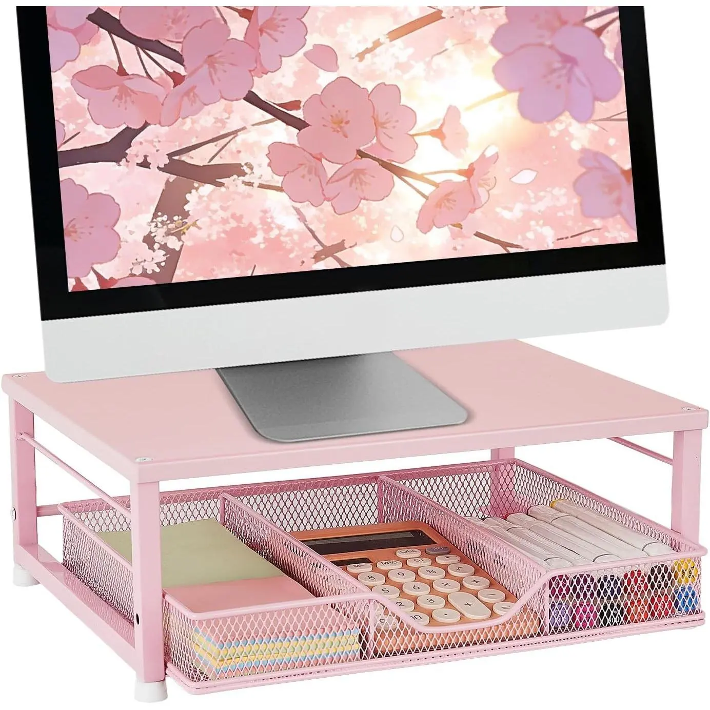 Women's Small Pink Desk Stand with Drawer Storage, Computer Accessories, Monitor Stand for Home, Office Use
