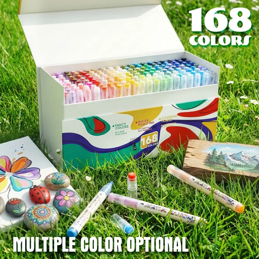 High Elasticity Soft Tip Acrylic Markers, 12-168 Colors Set, Waterproof Stackable Ink Control, Ideal for Canvas, Fabric, Rock, Ceramic, Wood, Glass