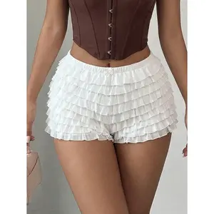 Women's White Ruffle Layered Mini Shorts, Elastic Waist Frilly Bloomer Shorts For Streetwear & Casual Outfits