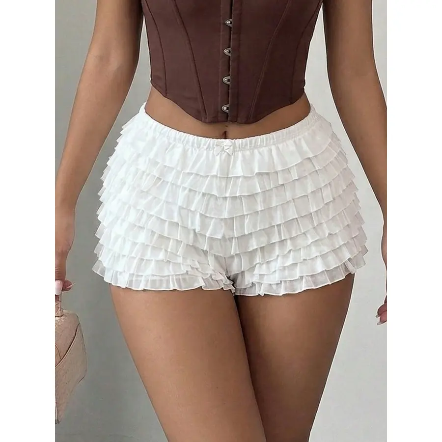Women's Minimalist Fitted White Ruffle Layered Mini Shorts - Elastic Waist Frilly Bloomer Bottoms for Casual Festival & Everyday Outfits, All Seasons, Athletic, Clothes, Chic, Cargo Pants, Hand Wash Only, Normal Type, Plain, Street, Everyday Shorts, Basic