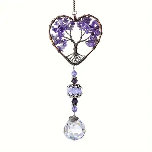 1pc Purple Amethyst Sun Catcher Crystal Tree of Life Rainbow Maker Drops - Bohemian Home Decor with Heart-Shaped Tree & Rainbow Design, Window Hanging Ornament For Christmas, Car Charms, Spiritual Gifts