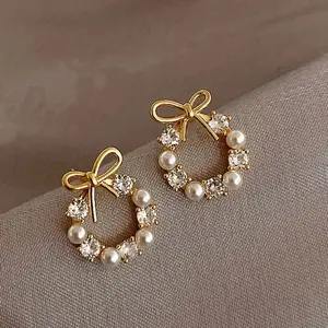 Fashion Lmitation Pearl Crystal Bow Stud Earring For Women Girl Fashion Cute Loreanearrings Party Trending Jewelry Wholesale