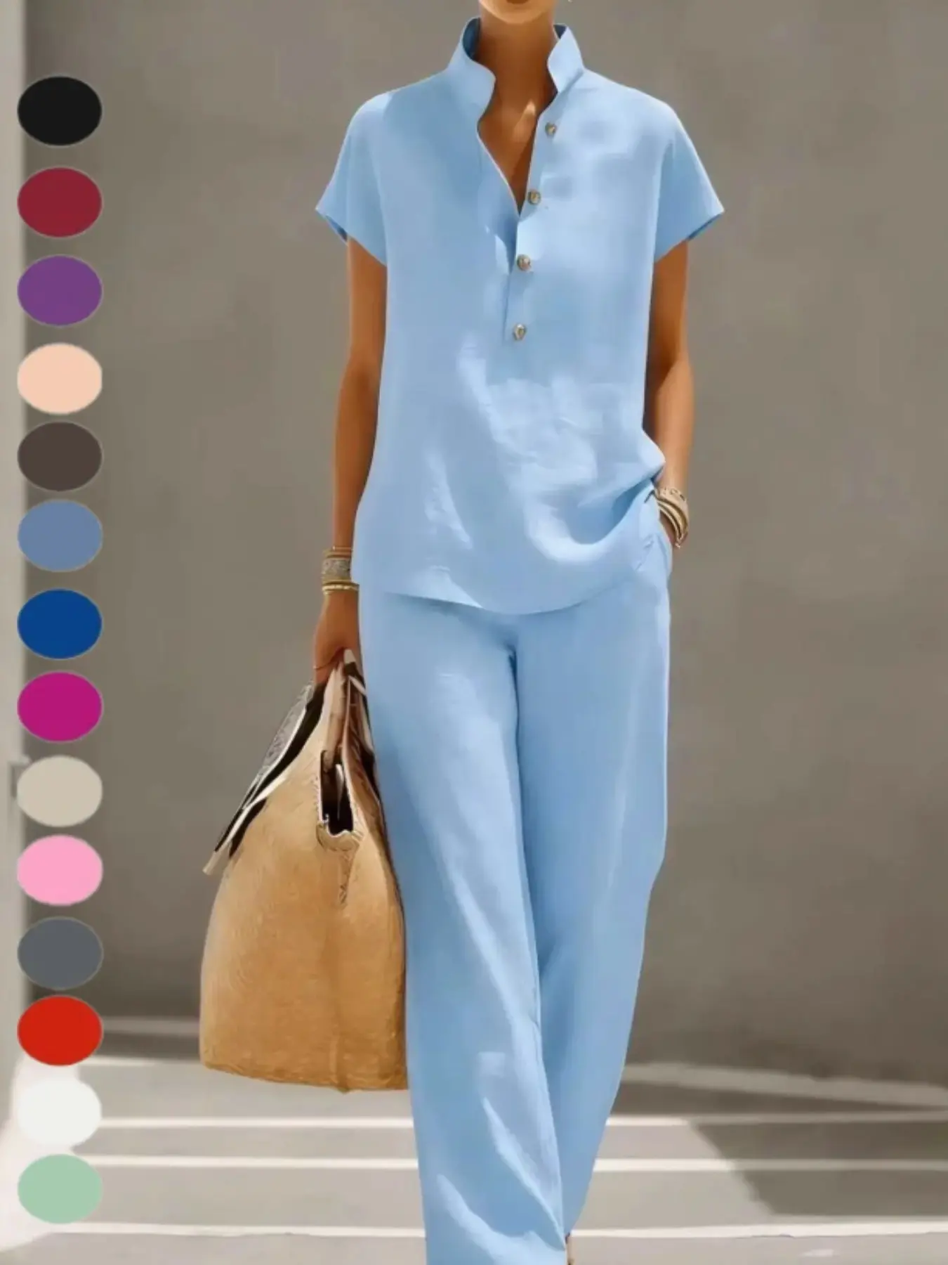 Women's Casual Lazy Style Everyday Open Front Short Sleeve Long Pants Set, Baggy, Loose, Pure Color, Cross-Border Fashion, Comfortable and Stylish