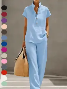 Women's Casual Lazy Style Open Front Short Sleeve Long Pants Set, Pure Color, Cross-Border Fashion, Comfortable and Stylish