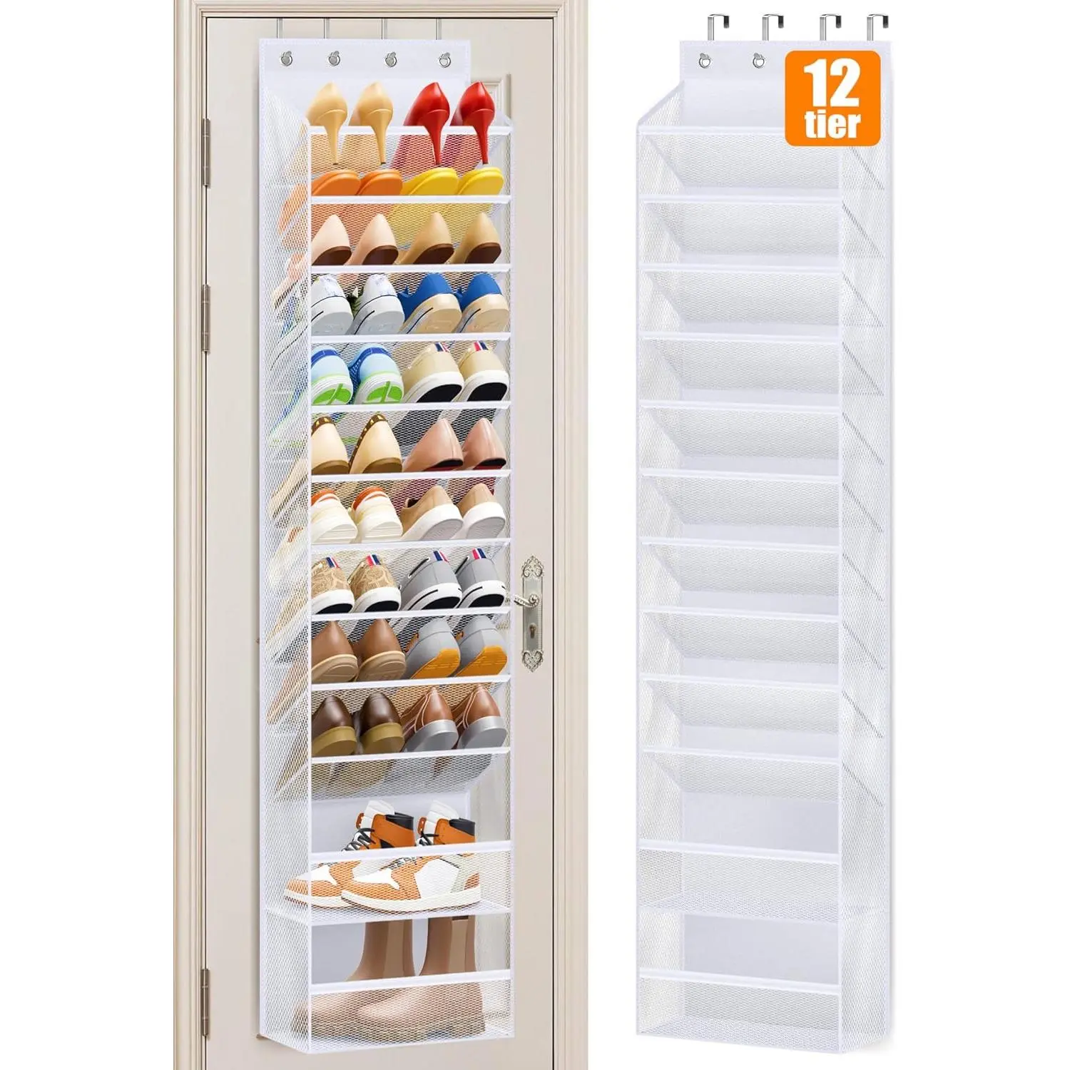 MISSLO 12-Tier Hangable Metal Over-the-Door Shoe Hanger, Space-Saving Large-Capacity Rack for Closet & Wardrobe, Narrow Wall Mount Holder Fits 24 Pairs of Sandals, Heels, Boots (White)