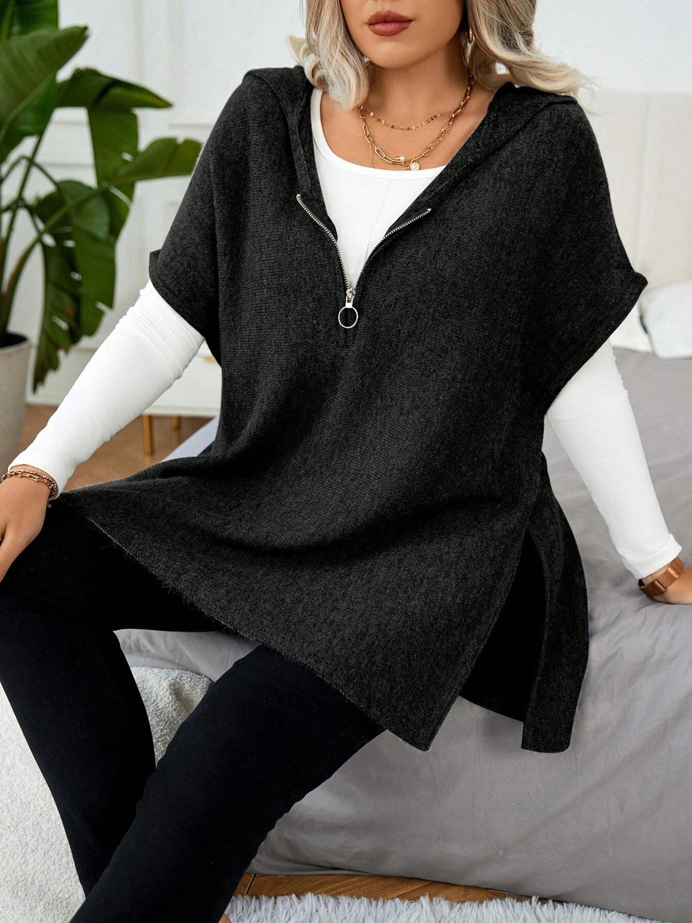 【Plus Size】 Women's Solid Half Zip Up Hooded Sweater, Casual Split Hem Jumper for Spring & Fall, Fashion Women's Knitwear for Daily Wear