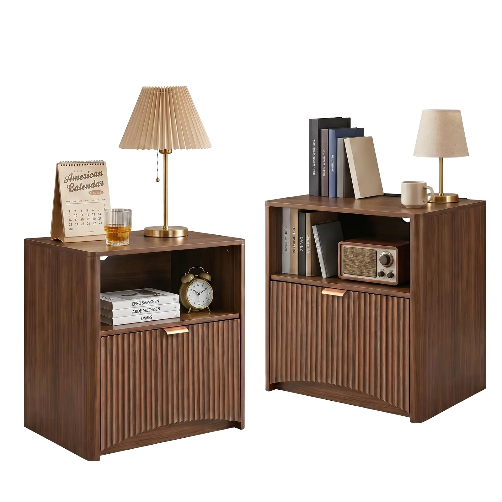 ARCH Nightstands Set of 2 Mid Century Modern Bedside Table with Charging Station Fluted Nightstand with Drawer and Storage Wood Large Night Stand for Bedroom Living Room Sofa Side Walnut MDF, Walnut Color Options, MDF Material, Classic Style