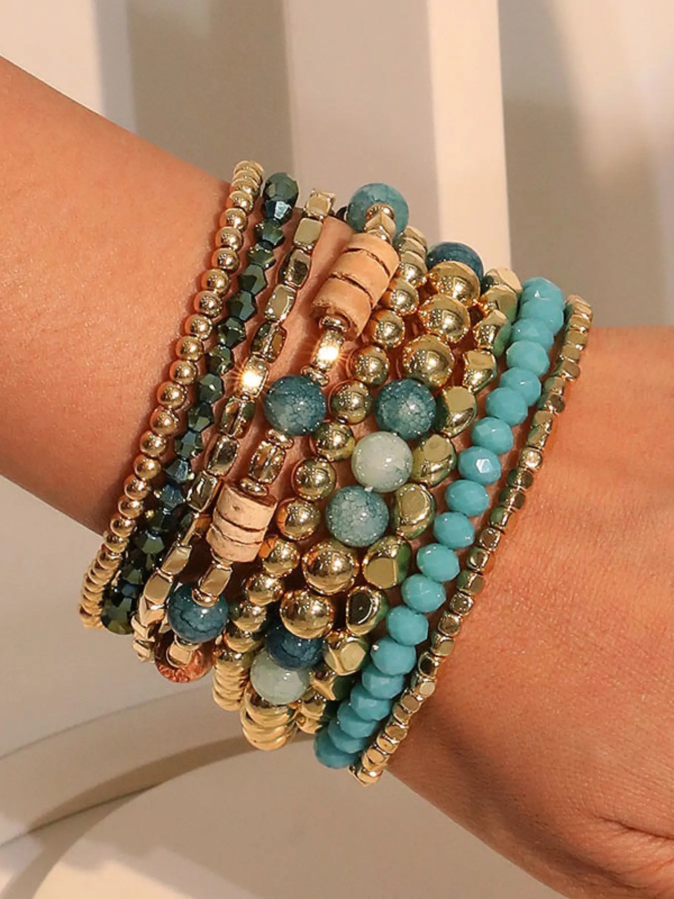9-Piece Bohemian Beaded Bracelets Set, Unisex Stackable Wooden Resin Jewelry, Handmade Elastic Multilayer Bracelets, Beach Fashion Gift