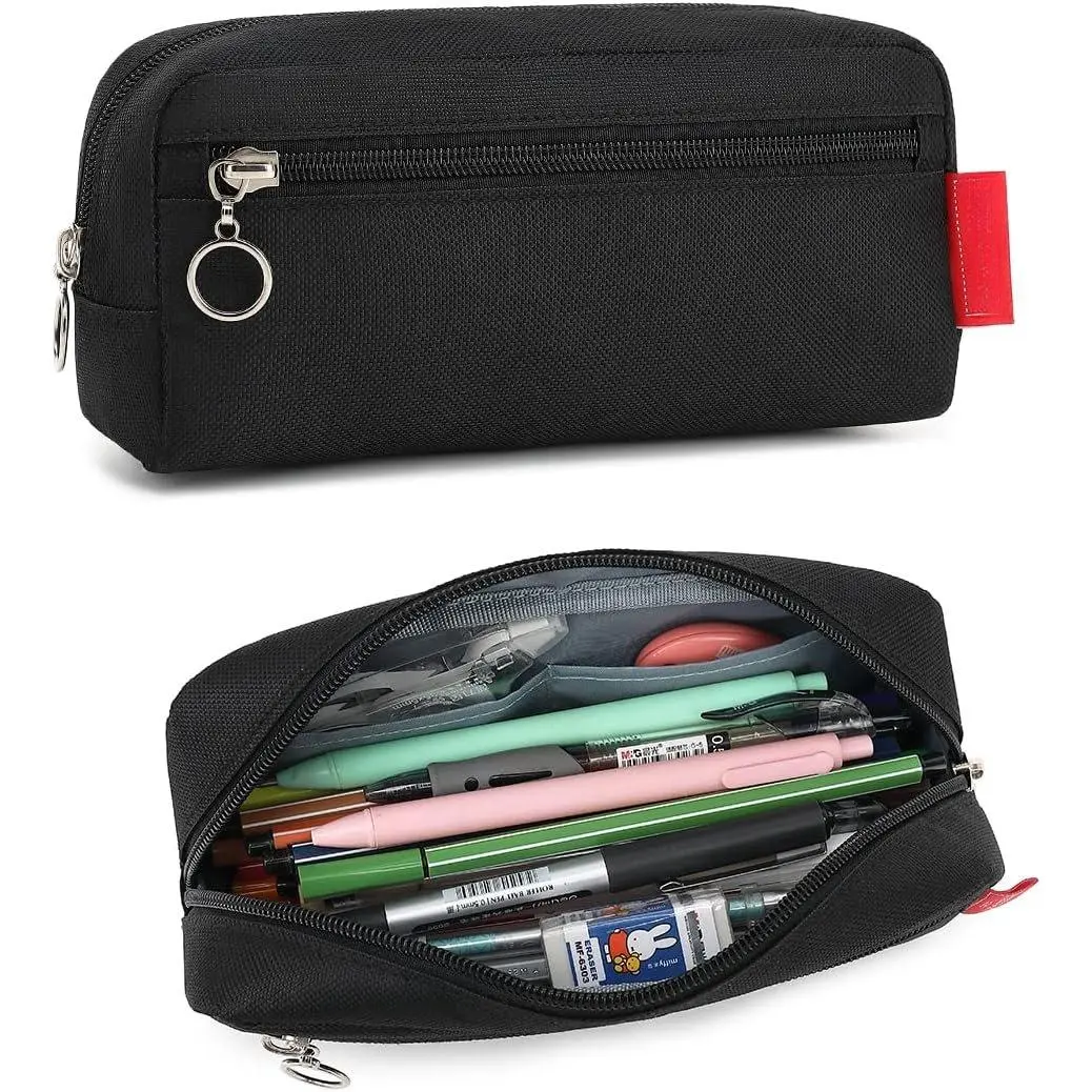 Oxford Fabric Large-Capacity Pencil Pen Case, Office Stationery Organizer with Ample Storage, Simple Holder Pouch for Adults - Black