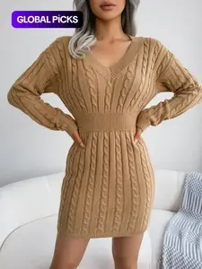 Women's Cable Knit Sweater Dress With V Neck, Casual Drop Shoulder Style for Fall & Winter