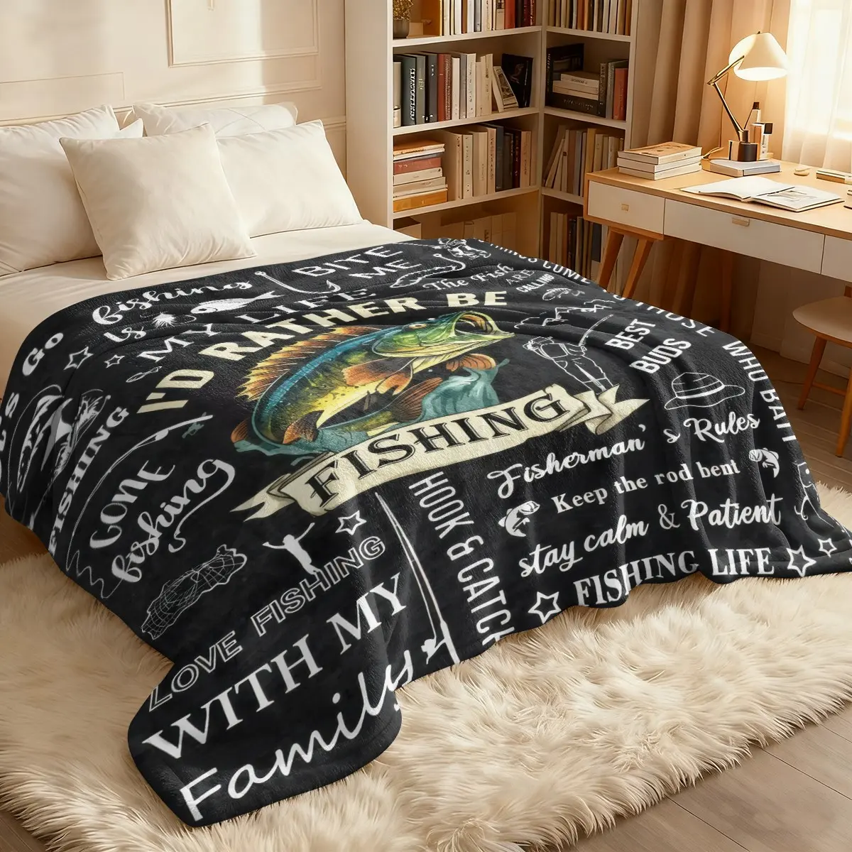 Bass Fishing Slogan Flannel Blanket, Soft Anti-Static Lounge Throw, Casual Outdoor Fisherman Print Cover, Men's Sofa Nap Mat