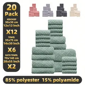 20pcs Bathroom Towels Set,including 12 Washcloths +6 Bath Towels + 2 Bath Towels,microfiber material,Multi-color Options,soft and comfortable,Hanging rope design,Suitable for Bathroom Shower, Hotel