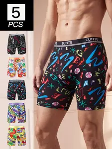 5 Pcs/Pack Men's Printed Long Leg Boxer Briefs, Anti Chafing Underwear, Quick Dry Moisture Wicking Breathable Performance Boxer Briefs, 4-Way Stretch No Ride Up Athletic Compression Underwear for Running Gym Cycling Sports, Big & Tall