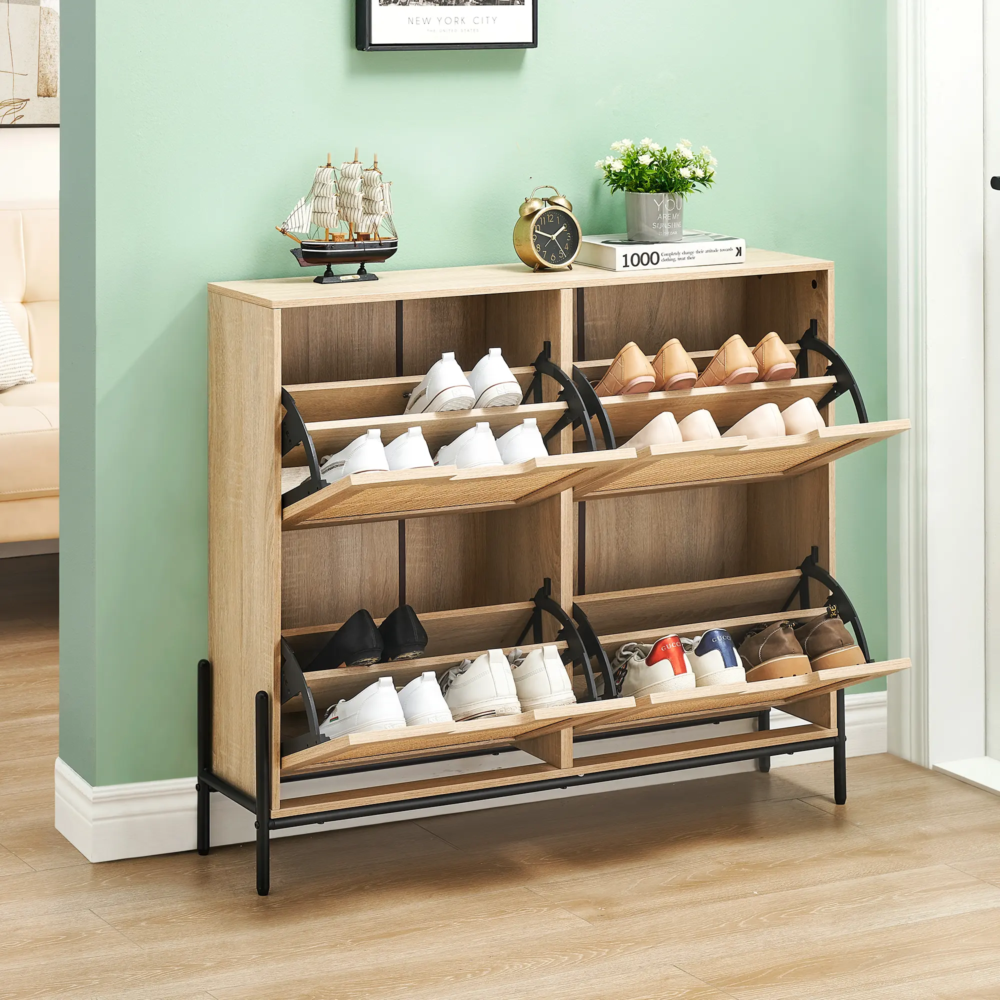 Garvee Modern Rattan Shoe Cabinet – 4 Turn Over Drawers, Space-Saving Freestanding Entryway Organizer, Metal Legs, Adjustable Shelves – Oak, White, Black Options