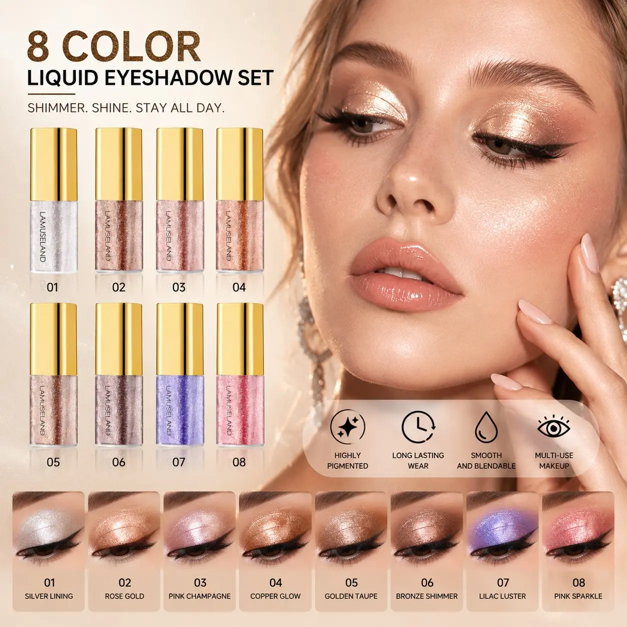 8-piece mini shimmering eyeshadow liquid set, sparkly shimmer eyeshadow, pearly glossy fine glitter eyeshadow, eye bag highlighter three-in-one, smooth and long-lasting, perfect for beginners in eye makeup