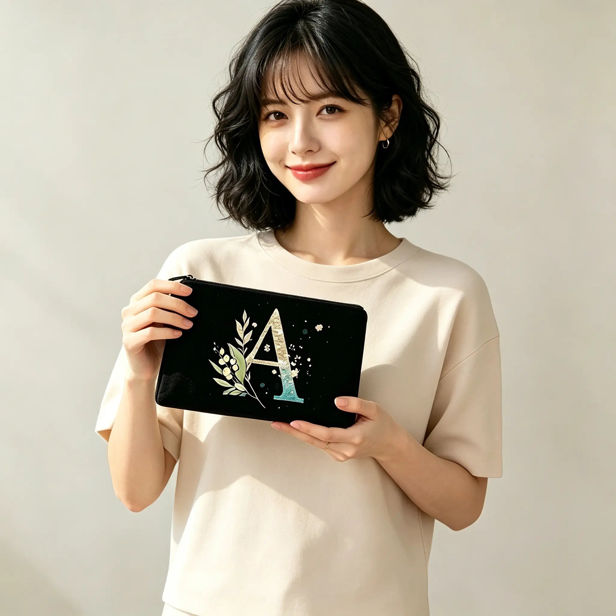 Gradient Letter a Floral Leaf Canvas Zipper Pouch, Base Monogram Cosmetic Bag, Single Item Toiletry Organizer.1pc