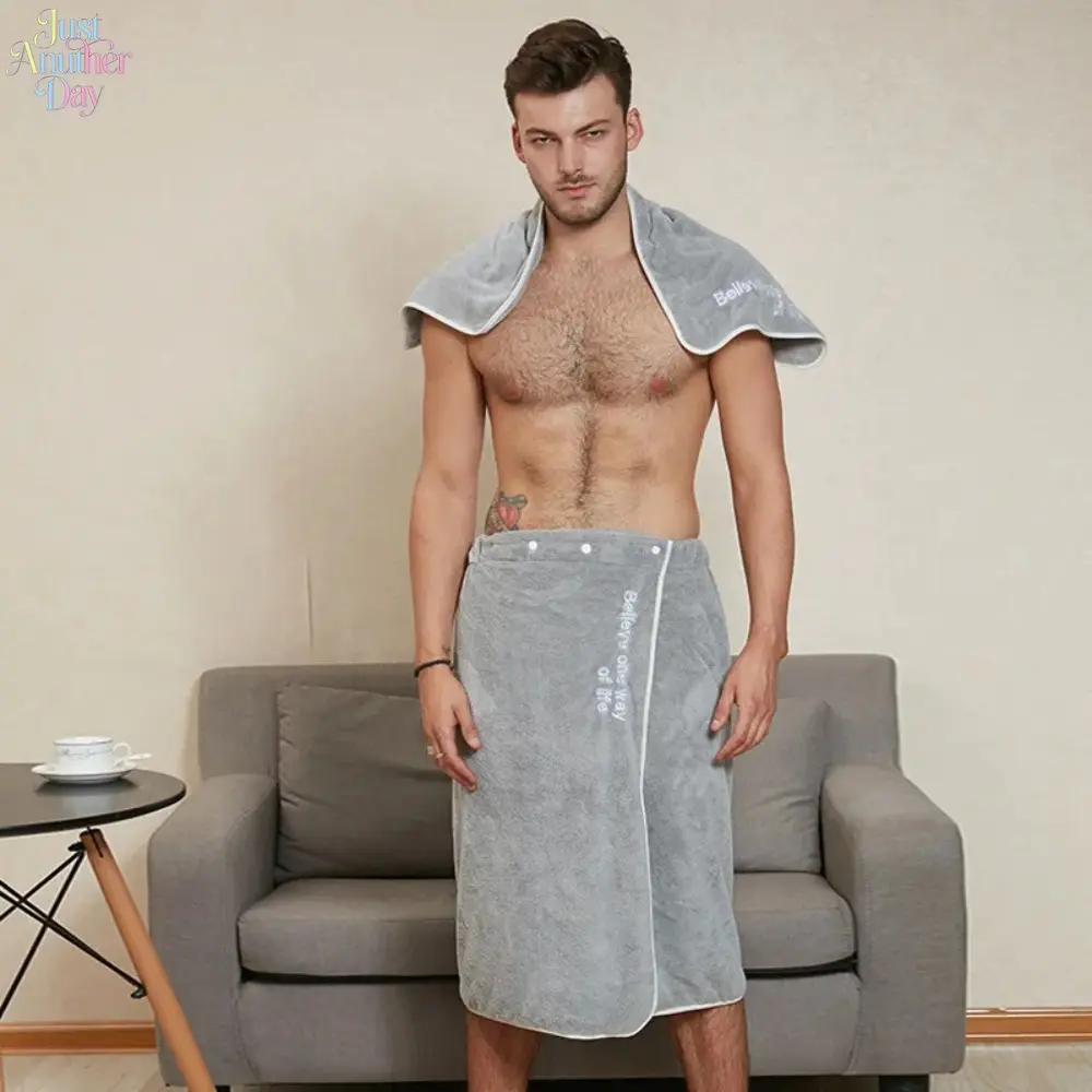 2 Pack Men's Adjustable Wrap Bath Towel Set, Oversized Soft Quick Dry Coral Fleece Bath Skirt + Shoulder Towel, Anti-slip Button Bath Wrap for Shower, Gym, Home & Hotel Use
