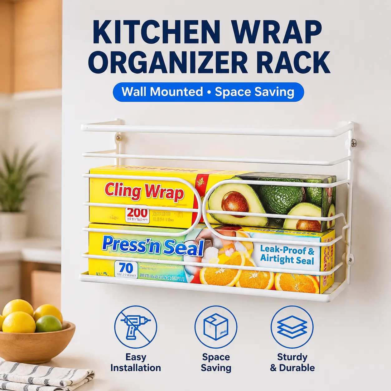 Wall Mount Kitchen Wrap Organizer Rack in White, Space-Saving Kitchen Storage Organization for Foil and Plastic Wrap, Easy Wall-Mounted Wrap Dispenser Holder