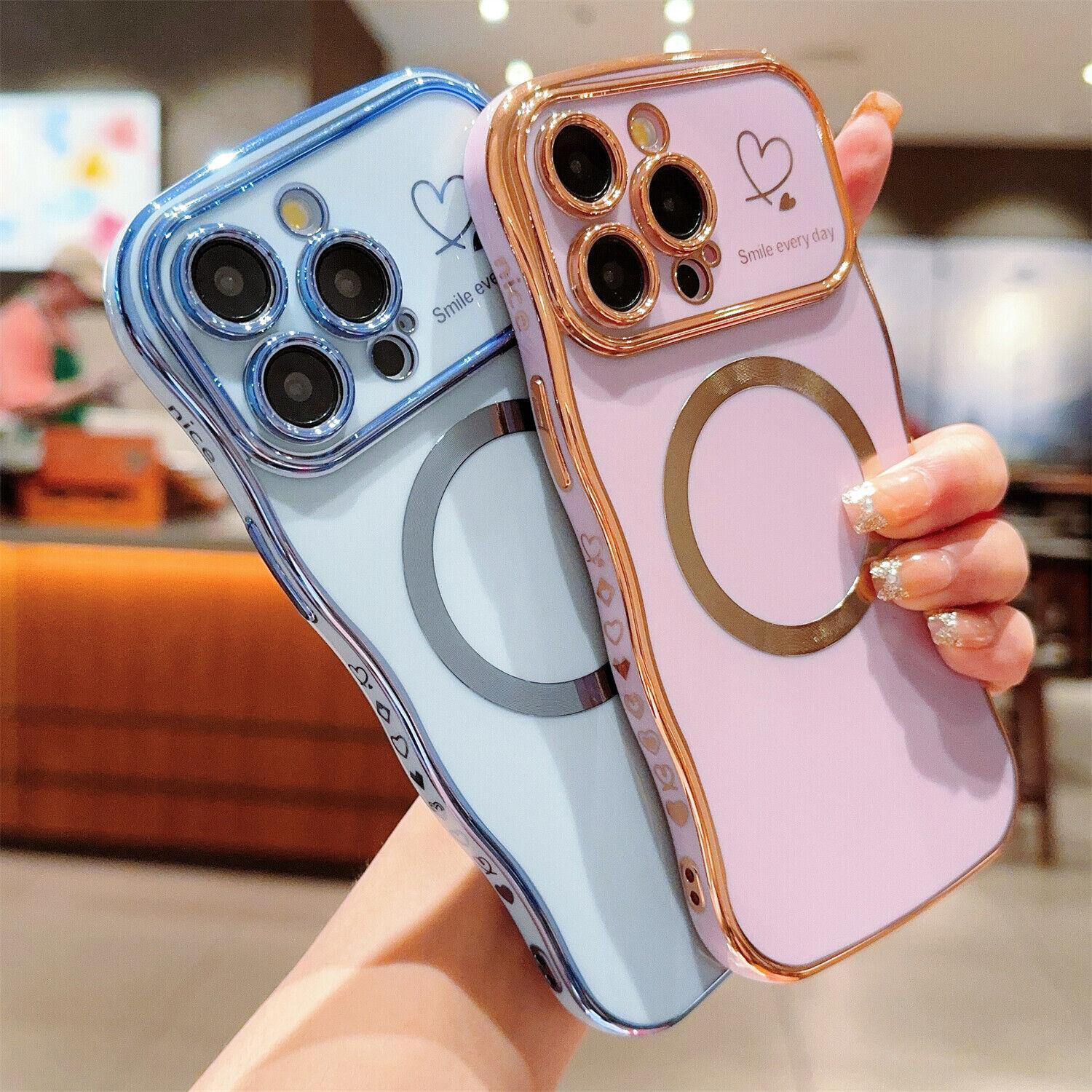 Luxury Plating Cute Heart Pattern Case for iPhone 17 Pro Max/17 Air 16/15/14/13 Cover Curly Wave Frame Fashionable for Women Girls Camera Protection Slim Shockproof Phone Case