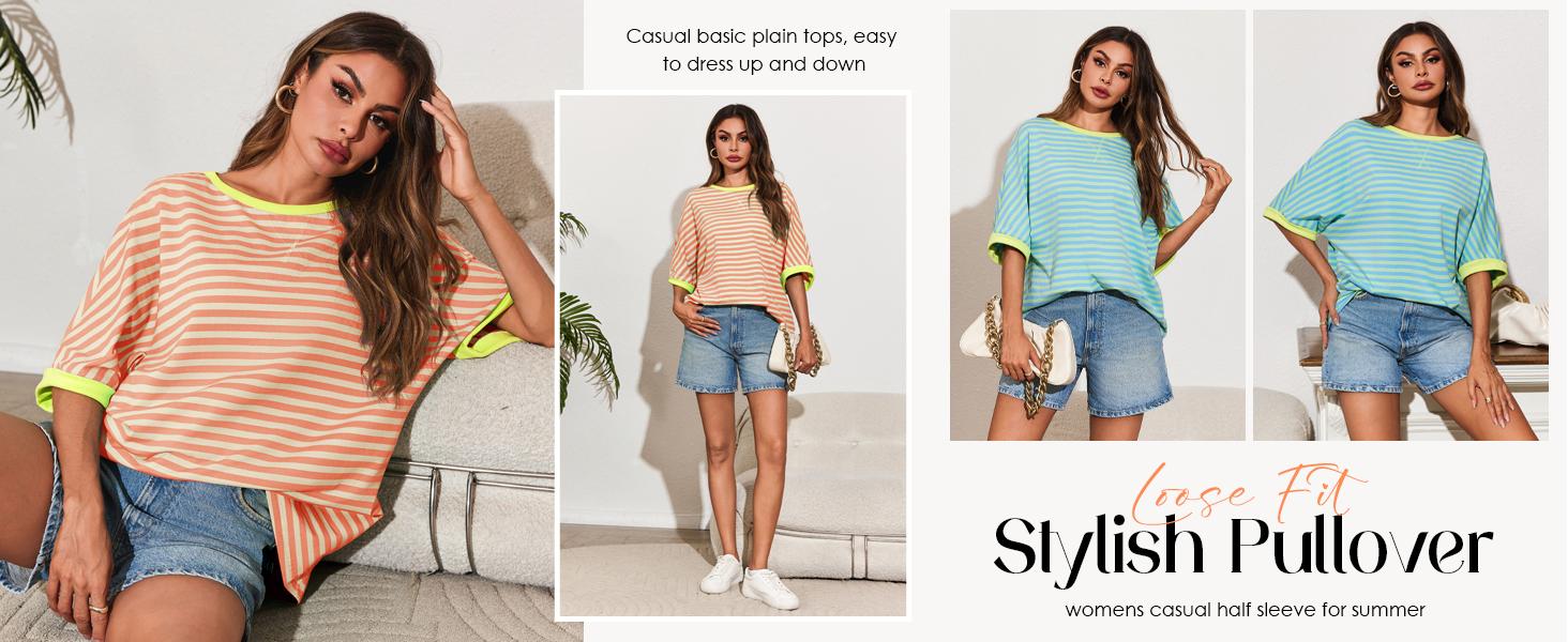Imily Bela Womens Striped Oversize T-Shirt Casual Half Sleeve Color Block Tunic Summer Crew Neck Tee Tops