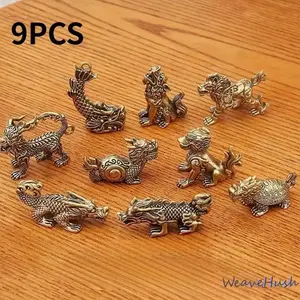 9 PCS Vintage Brass Nine Sons Of Dragon Figurine Set Oriental Cultural Tabletop Decor Room Styling Souvenir Gift