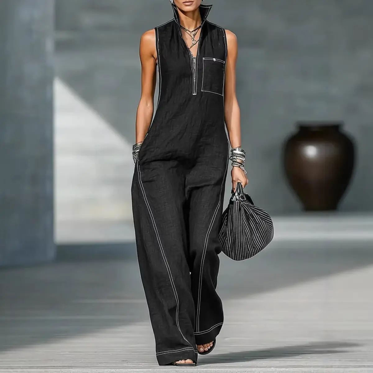 Women Sleeveless Stand Collar Linen Jumpsuit, Half Zip Front Contrast Stitch Wide Leg Overall, Pocket Loose Casual Long Jumpsuit for Daily Vacation