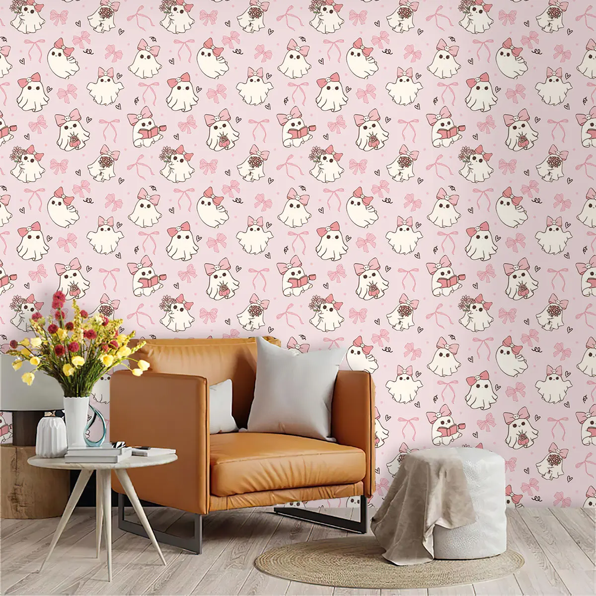 1 roll of pink cute bow ghost heart looped spliced wallpaper made of PVC material with adhesive on the back, suitable for interior wall furniture decoration, kitchen/living room/bedroom/wall decoration