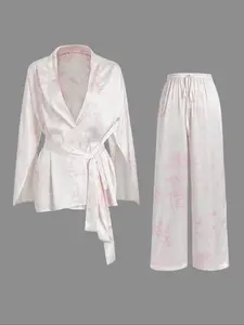 Landscape Print Satin Pajama Set, Kimono Robe & Wide Leg Pants, Casual Fitted Suit, All Seasons, Unlined Raised-Fiber Surface