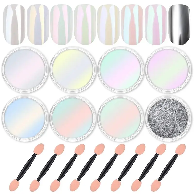 8 Jars Chrome Nail Powder Kit, Pearl Mirror Metallic Nail Art Pigment Set, Holographic Aurora Effect Powder for DIY Gel Manicure Decoration