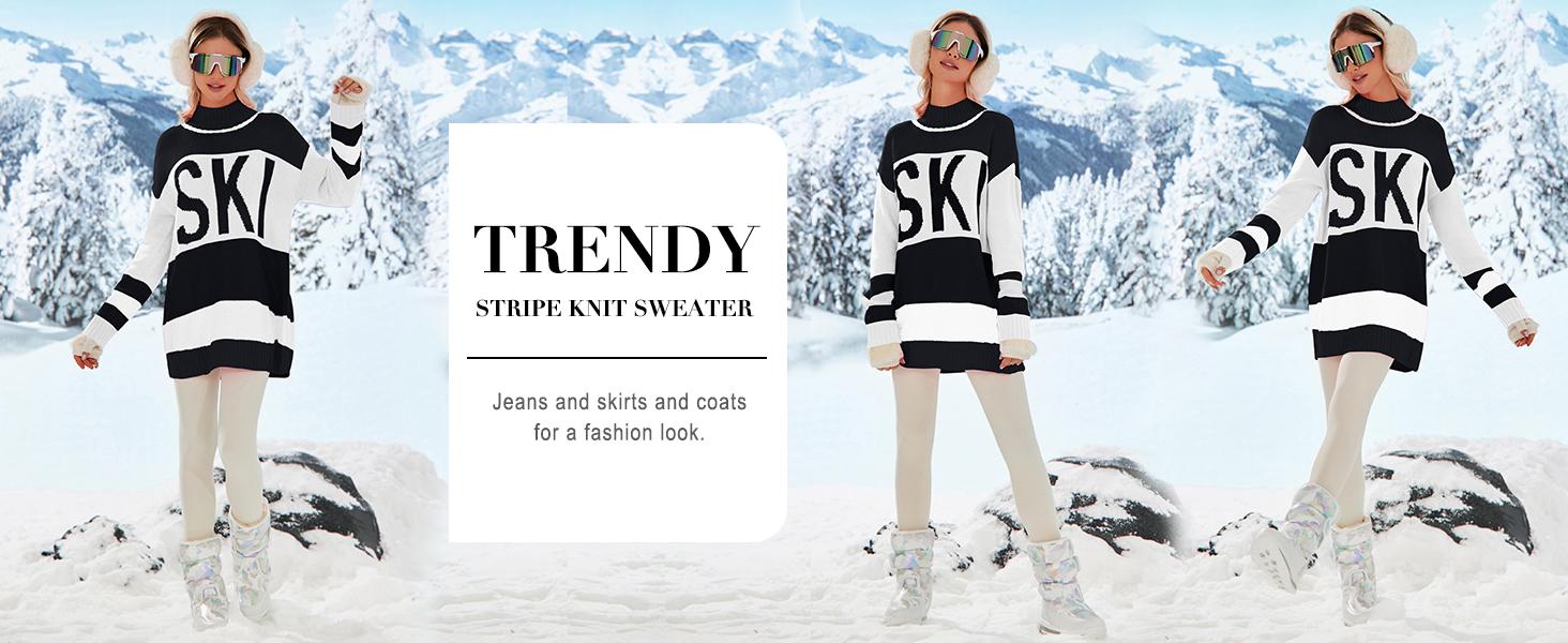 Yousify Womens Sweaters Fall 2024 Oversized Color Block Ski Sweater Crewneck Winter Tops S-2XL