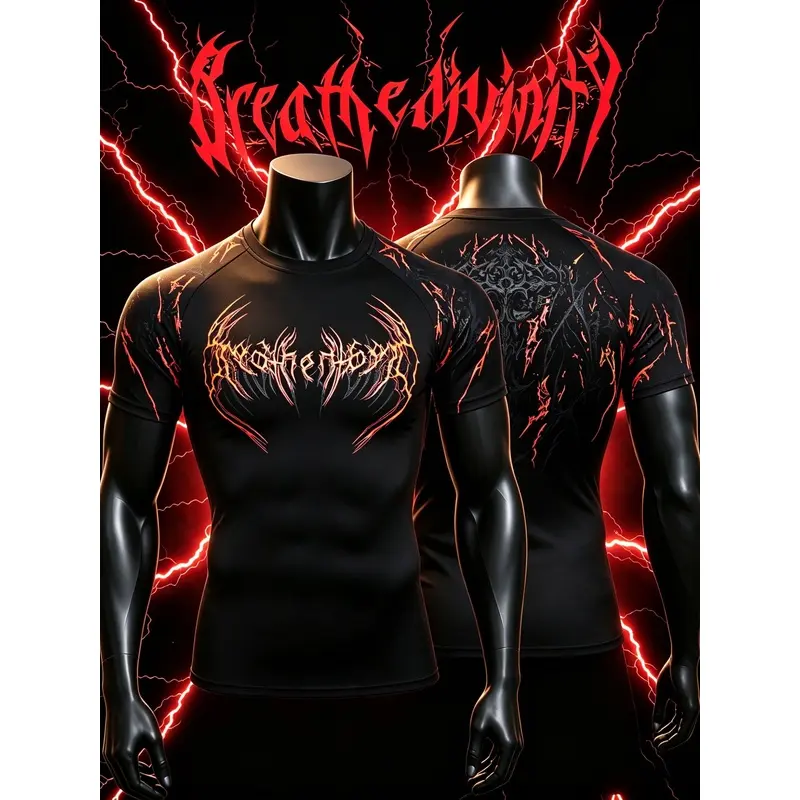 Men's Athletic Compression T-Shirt, Dark Gothic Graphic Short-Sleeve Slim-Fit Gym Tee, High-Stretch Quick-Dry Breathable Moisture-Wicking Workout Top, Fitness Apparel for Gym Sport, Intense Training, Gym Clothes Men, Breathable Quick-Dry Activewear & Runs