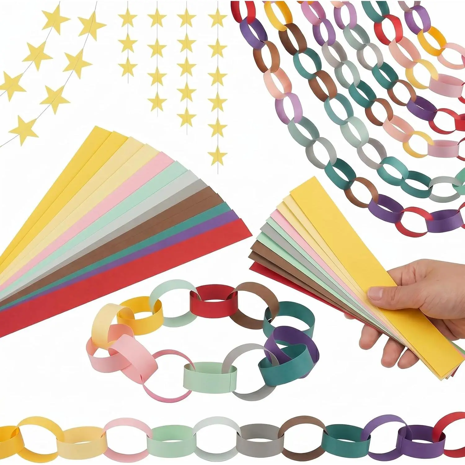 300 Pre-Cut 10 Colors Paper Chain Strips 1*8.27 Inches, Mirror Star Strips & Garland with Double-Sided Tape, Wedding Party Hanging Decor