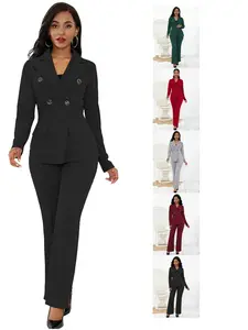 New Women's Elegant 2-Piece Set, Fashion Simple Double-Breasted Long Sleeve Blazer & Straight Leg Long Pants for Autumn & Winter, Formal Office Suit